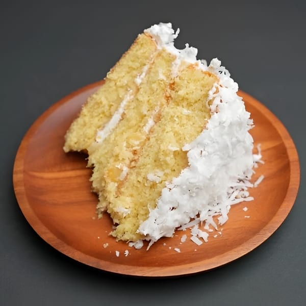 A slice of Jamaican coconut cake with white frosting and shredded coconut on a wooden plate.