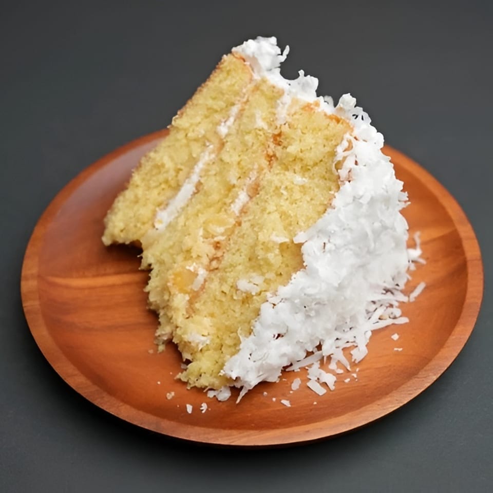 A slice of Jamaican coconut cake with white frosting and shredded coconut on a wooden plate.